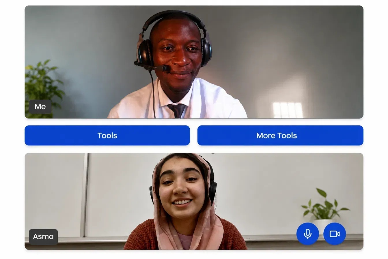 Live online tutoring video call session between a tutor and a student